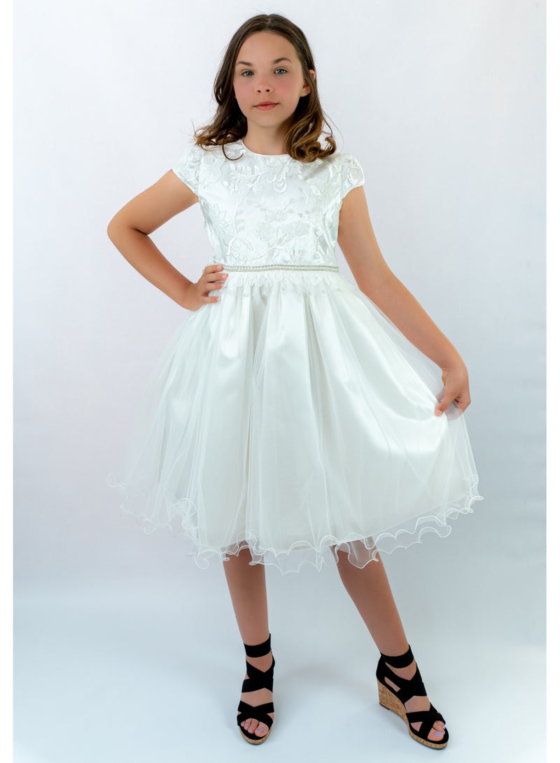 Allium Girl's Dress With Cream Flower And Sequences Lace, Pearls And Beads At The Center, Bow Style At The Back, Tiulle Bottom, Half-sleeves, Pongee/cotton Lining, Ready For Gifting - Image 1