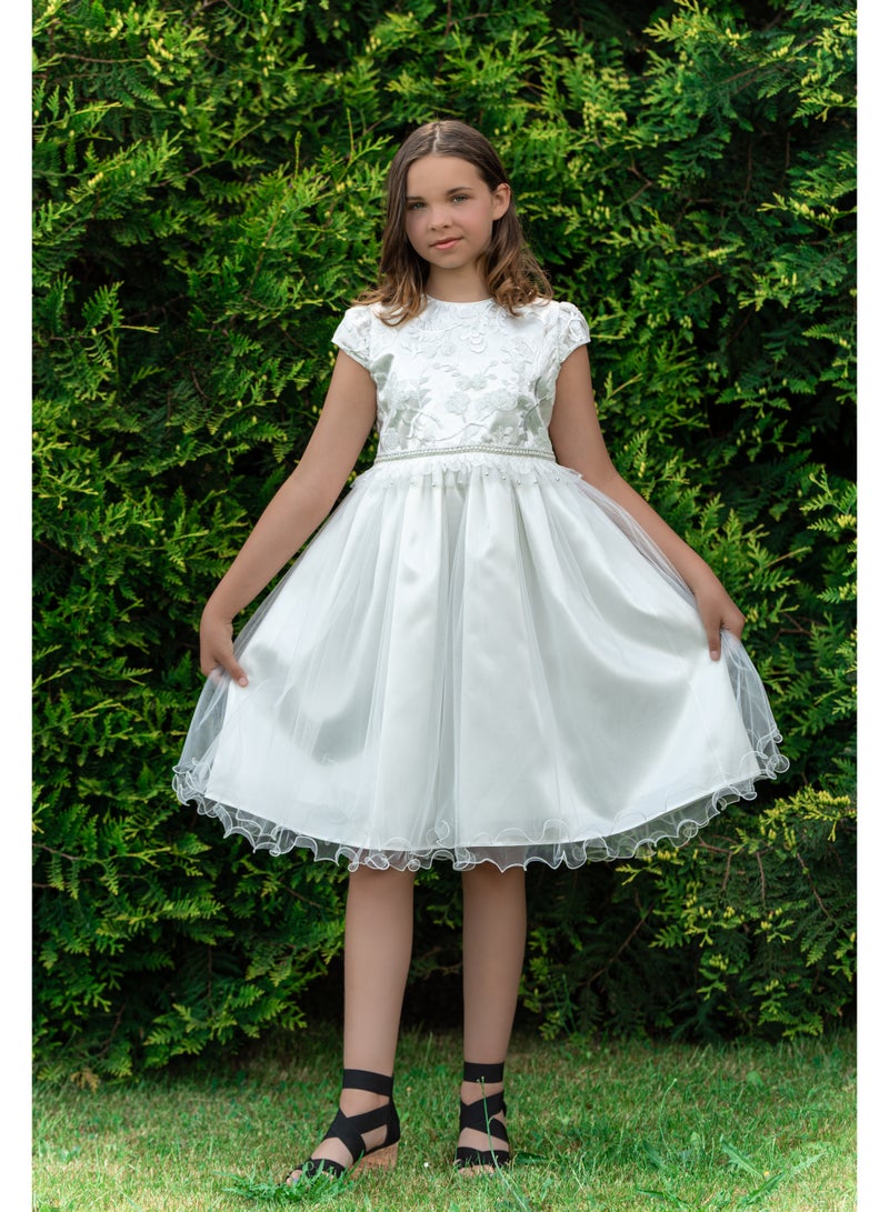 Allium Girl's Dress With Cream Flower And Sequences Lace, Pearls And Beads At The Center, Bow Style At The Back, Tiulle Bottom, Half-sleeves, Pongee/cotton Lining, Ready For Gifting - Image 2