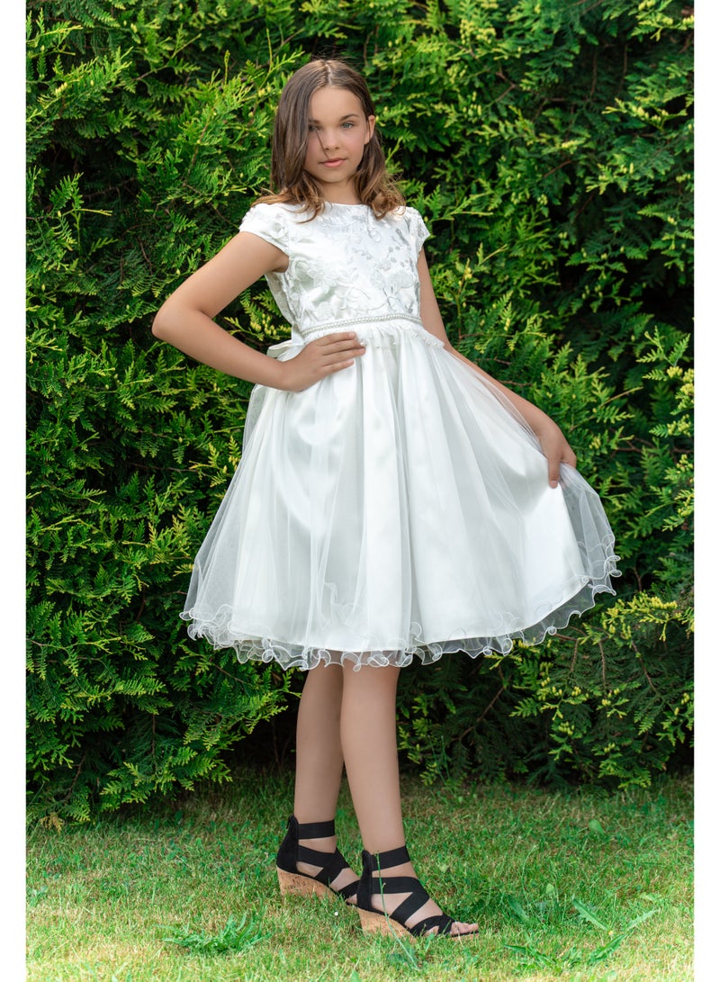Allium Girl's Dress With Cream Flower And Sequences Lace, Pearls And Beads At The Center, Bow Style At The Back, Tiulle Bottom, Half-sleeves, Pongee/cotton Lining, Ready For Gifting - Image 3
