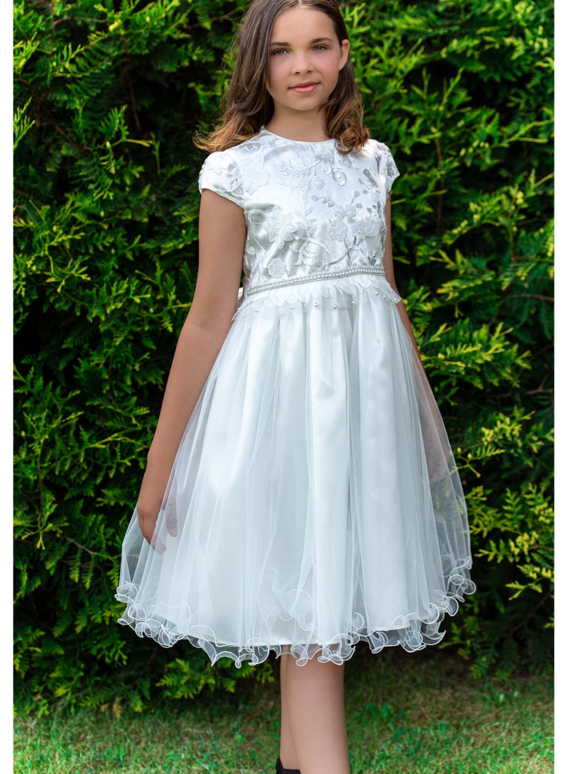 Allium Girl's Dress With Cream Flower And Sequences Lace, Pearls And Beads At The Center, Bow Style At The Back, Tiulle Bottom, Half-sleeves, Pongee/cotton Lining, Ready For Gifting - Image 4