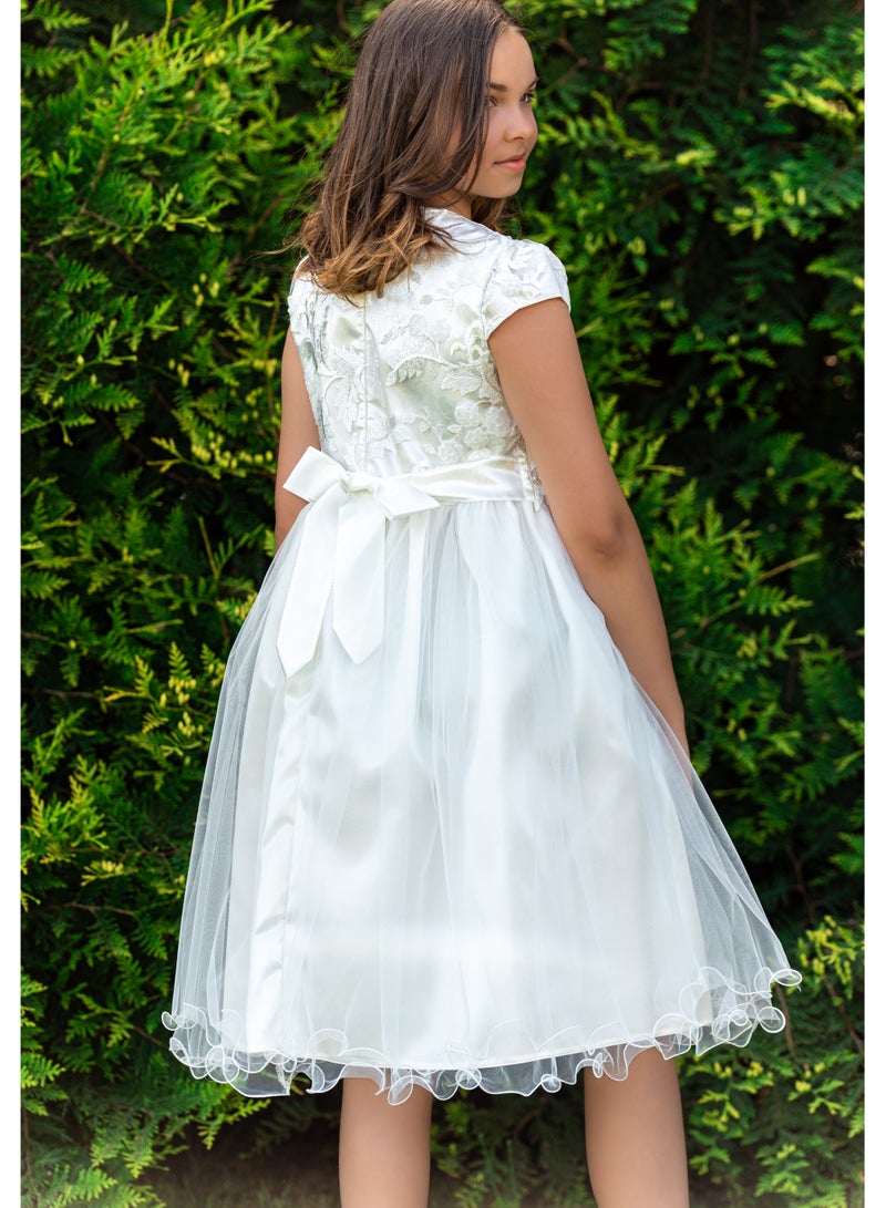 Allium Girl's Dress With Cream Flower And Sequences Lace, Pearls And Beads At The Center, Bow Style At The Back, Tiulle Bottom, Half-sleeves, Pongee/cotton Lining, Ready For Gifting - Image 5