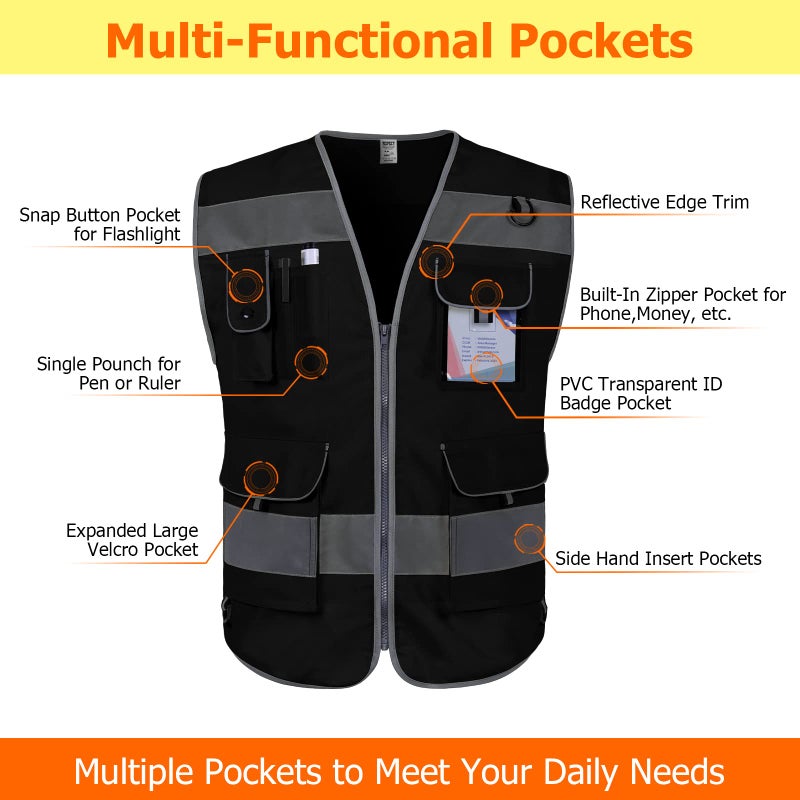 TCCFCCT Black Safety Vest for Men Women 9 Pockets High Visibility Reflective Vest for Safety, Work Vest with Reflective Strips, Meets ANSI/ISEA Standards, Large - Image 3