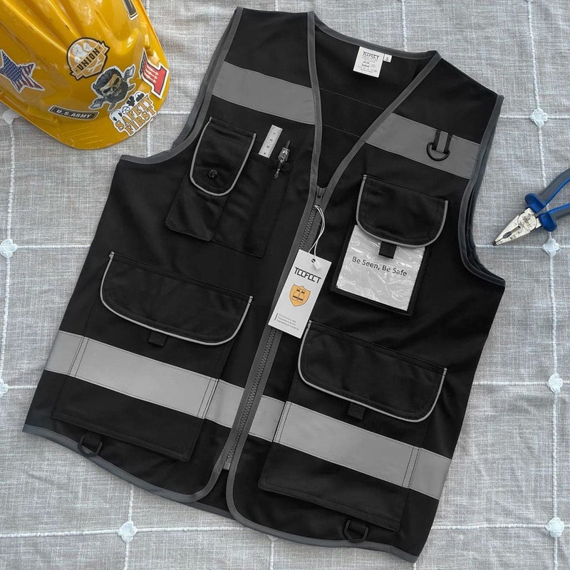 TCCFCCT Black Safety Vest for Men Women 9 Pockets High Visibility Reflective Vest for Safety, Work Vest with Reflective Strips, Meets ANSI/ISEA Standards, Large - Image 5