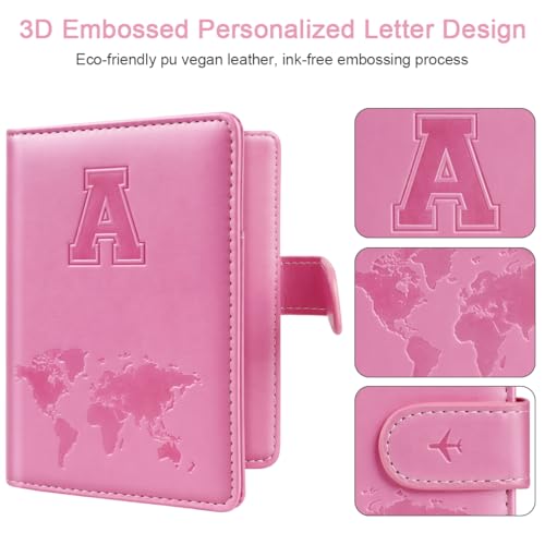 Simikol Passport Holder Cover Initail Letter A-Z Travel Wallet 3D Embossed Design RFID Blocking Card Holder Personalized Gift Passport Cover Wallet, Passport Book Holders for Women and Girls, Pink-A - Image 3