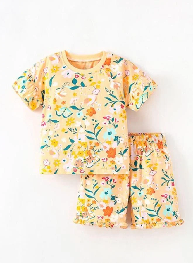 YUNIQEE Orange Crew Neck Short Sleeve Printed Tshirt & Shorts