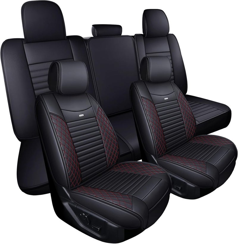 Aierxuan Custom Fit Seat Covers for 2015-2020 Ford F-150, F250, F350, F450 - Waterproof Leather Cushion (Full Set, Black-Red) - Image 1
