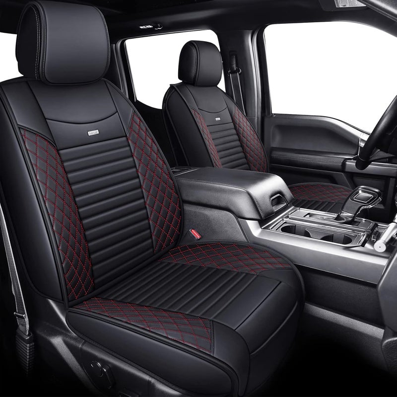Aierxuan Custom Fit Seat Covers for 2015-2020 Ford F-150, F250, F350, F450 - Waterproof Leather Cushion (Full Set, Black-Red) - Image 2