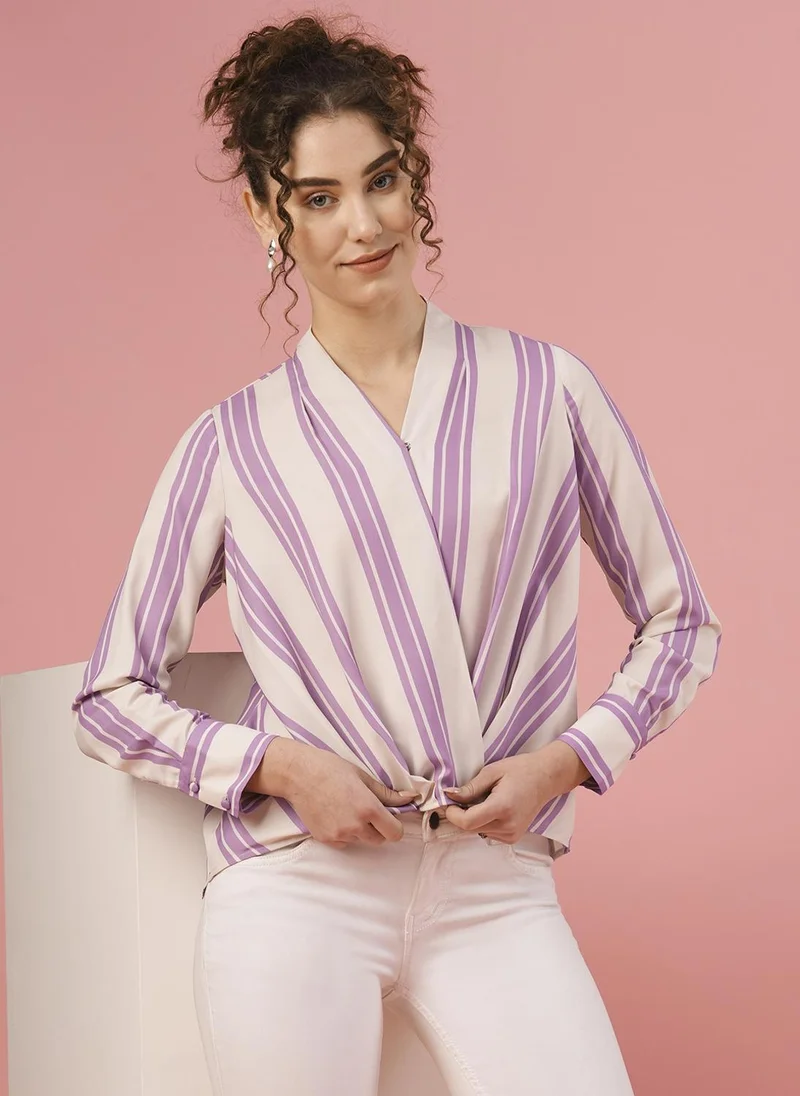 globus Globus Women Striped Wrap Cuffed Sleeves Casual Top