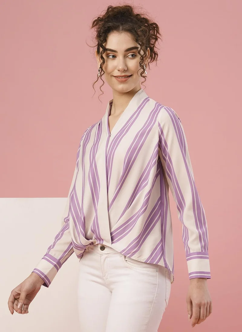 globus Globus Women Striped Wrap Cuffed Sleeves Casual Top