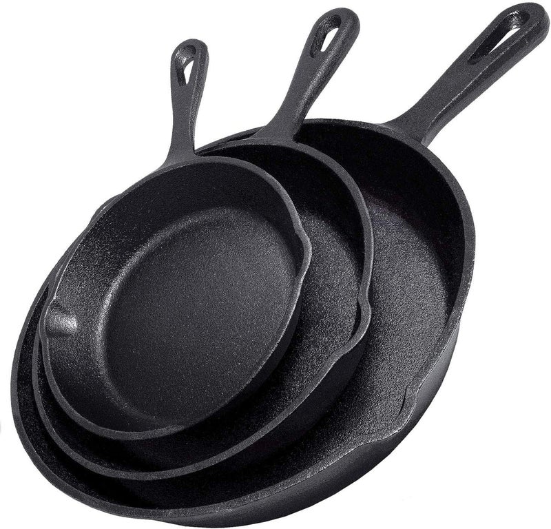 Simple Chef Cast Iron Skillet 3-Piece Set - Heavy-Duty Professional Restaurant Chef Quality Pre-Seasoned Pan Cookware Set - 10", 8", 6" Pans - For Frying, Saute, Cooking, Pizza & More,Black - Image 1