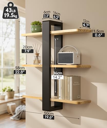 SUMGAR Floating Shelves for Wall Mounted Shelving Unit All Pine Wood 3 Tier Large Shelf for Bedroom Living Room Office Bathroom Home Decoration Storage Plant Photo Display Modern 20in - Image 2