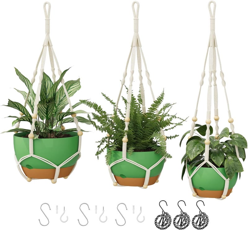 Bamworld 3-Pack Macrame Plant Hangers Indoor with Chain — Self-Watering Hanging Planters w/Drainage Holes & Removable Saucer, (11/9/8 in) — Ideal Plant Hanger for Hanging Plant displays(Green) - Image 1