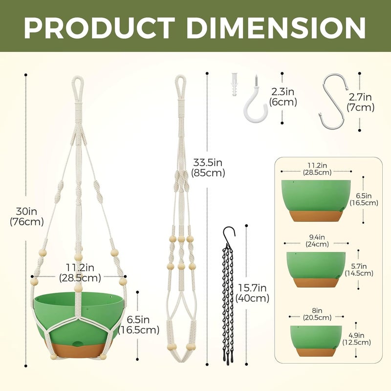 Bamworld 3-Pack Macrame Plant Hangers Indoor with Chain — Self-Watering Hanging Planters w/Drainage Holes & Removable Saucer, (11/9/8 in) — Ideal Plant Hanger for Hanging Plant displays(Green) - Image 2