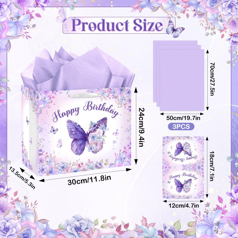 LUUFILx Butterfly Birthday Gift Bag for Girls Women Butterfly Flower Party Favor Bags with Wrapping Paper Card Purple Pink Floral Gift Bag for Baby Shower Birthday Decorations Party Supplies (Purple) - Image 2