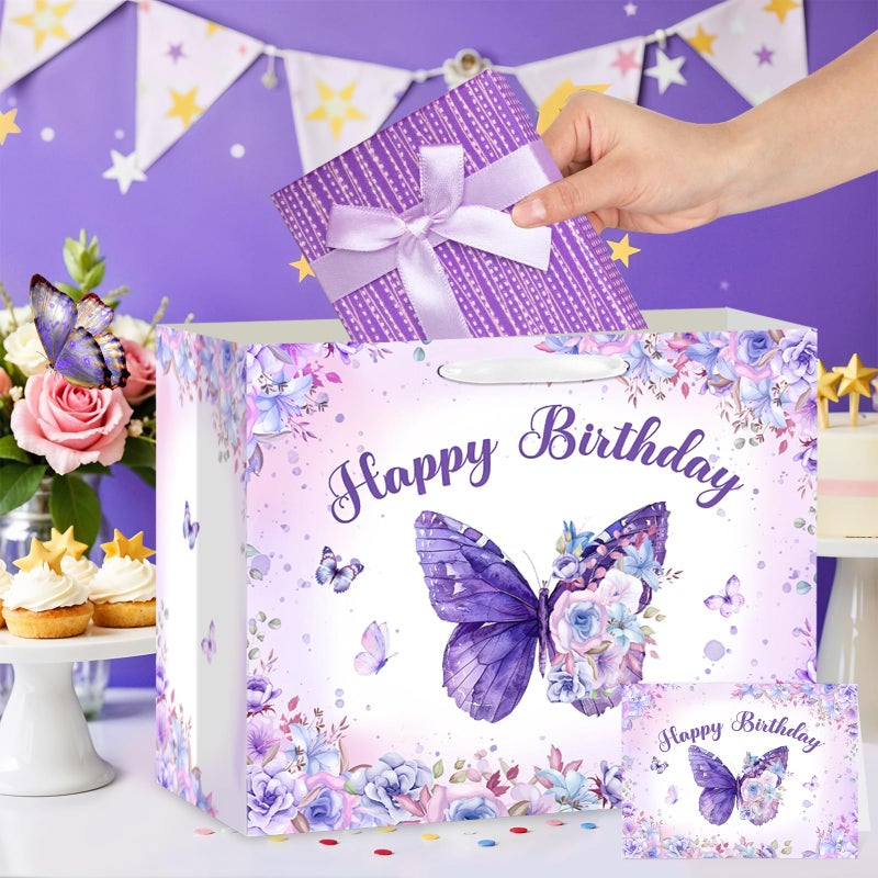 LUUFILx Butterfly Birthday Gift Bag for Girls Women Butterfly Flower Party Favor Bags with Wrapping Paper Card Purple Pink Floral Gift Bag for Baby Shower Birthday Decorations Party Supplies (Purple) - Image 4