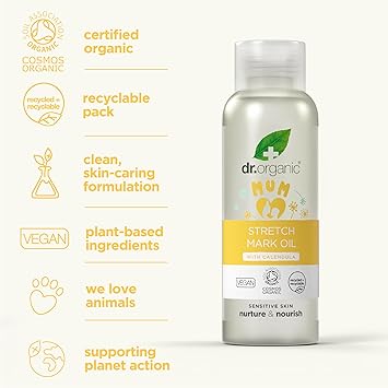 dr.organic Dr Organic Stretch Mark Oil with Calendula Firm Smooth Pregnancy Natural Vegan Reduce appearance of Stretch Marks Dry Skin CrueltyFree Paraben SLS Free Certified Organic 100ml - Image 4