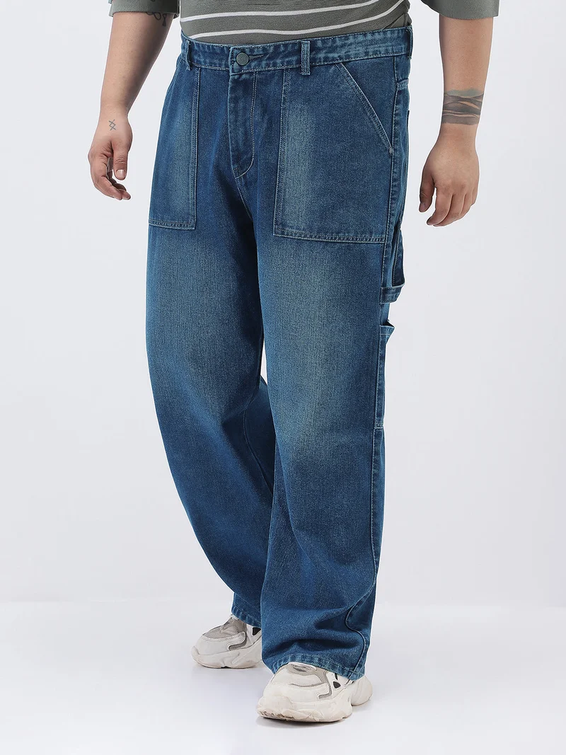 Urbano Fashion  Urbano Plus Men's Blue Loose Fit Cargo Carpenter Jeans with 6 Pockets Non-Stretchable  | Best Price UAE