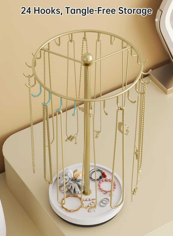 NiHome 360° Rotating Necklace Holder Stand, 24-Hook Metal Jewelry Organizer with Wooden Base Tray, Tangle-Free Display for Necklaces, Bracelets, Earrings, and Accessories, Ideal for Vanity or Dresser - Image 2