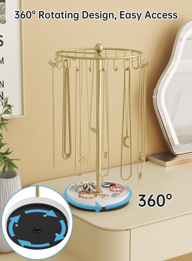 NiHome 360° Rotating Necklace Holder Stand, 24-Hook Metal Jewelry Organizer with Wooden Base Tray, Tangle-Free Display for Necklaces, Bracelets, Earrings, and Accessories, Ideal for Vanity or Dresser - Image 3