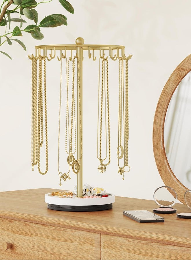 NiHome 360° Rotating Necklace Holder Stand, 24-Hook Metal Jewelry Organizer with Wooden Base Tray, Tangle-Free Display for Necklaces, Bracelets, Earrings, and Accessories, Ideal for Vanity or Dresser - Image 5