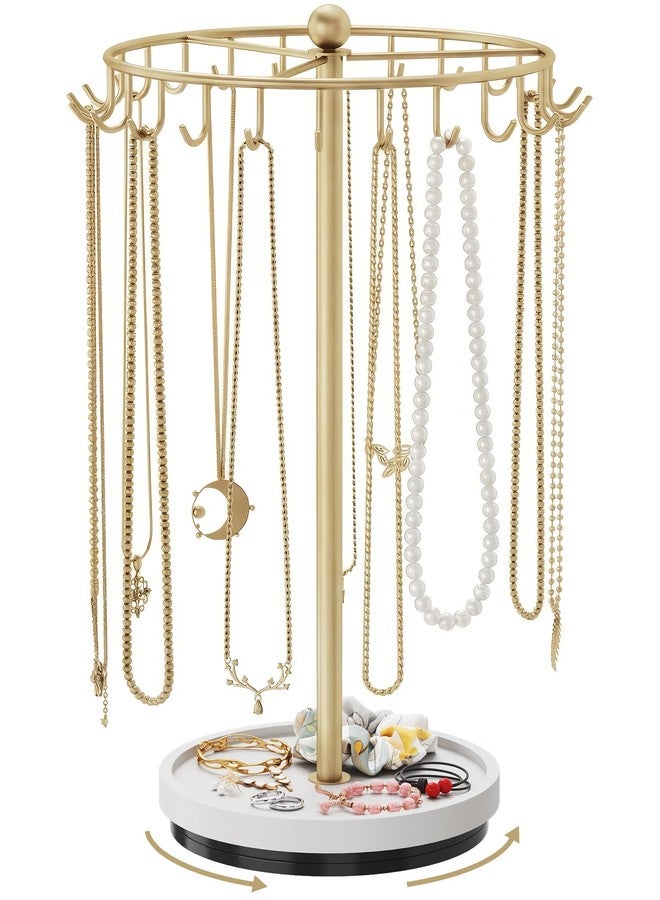 NiHome 360° Rotating Necklace Holder Stand, 24-Hook Metal Jewelry Organizer with Wooden Base Tray, Tangle-Free Display for Necklaces, Bracelets, Earrings, and Accessories, Ideal for Vanity or Dresser - Image 1