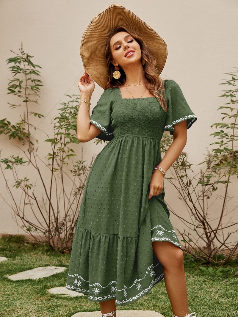 Glamaker Women's Short Sleeve Smocked Square Neck A Line Summer Flowy Midi Dress Grass Green X-Large - Image 3
