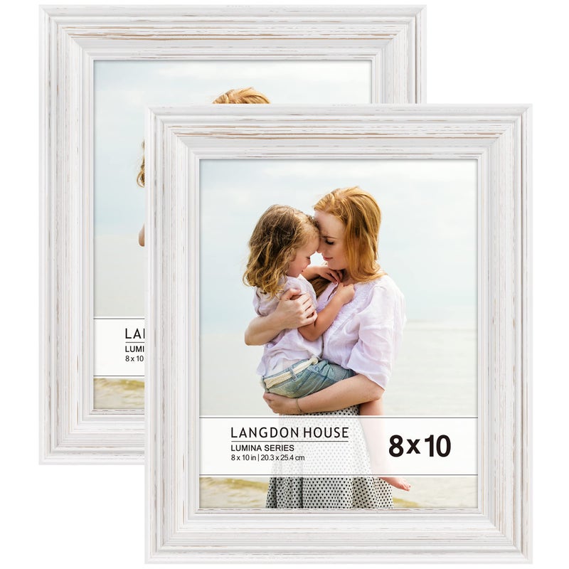 Langdon House 8x10 Real Wood Picture Frames Weathered White  Gold Accents 2 Pack French Country Style Wooden Photo Frame 8 x 10 Lumina Collection