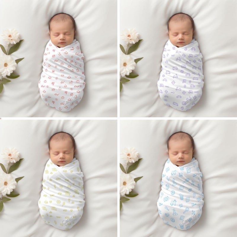 CARERIO 100% Mulmul Baby Swaddle Set, Pack of 4, Printed Breathable & Anti Allergic Swaddle Wrap for New Born Baby, Size-114cm x 92cm (446), 0-18 Month+ (06) - Image 2