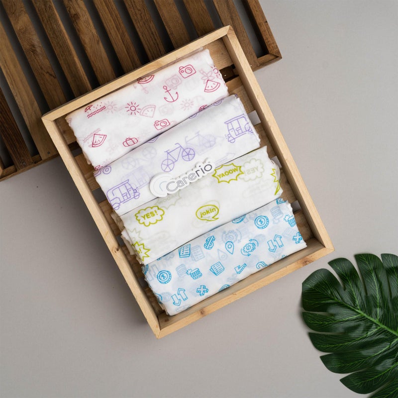 CARERIO 100% Mulmul Baby Swaddle Set, Pack of 4, Printed Breathable & Anti Allergic Swaddle Wrap for New Born Baby, Size-114cm x 92cm (446), 0-18 Month+ (06) - Image 3