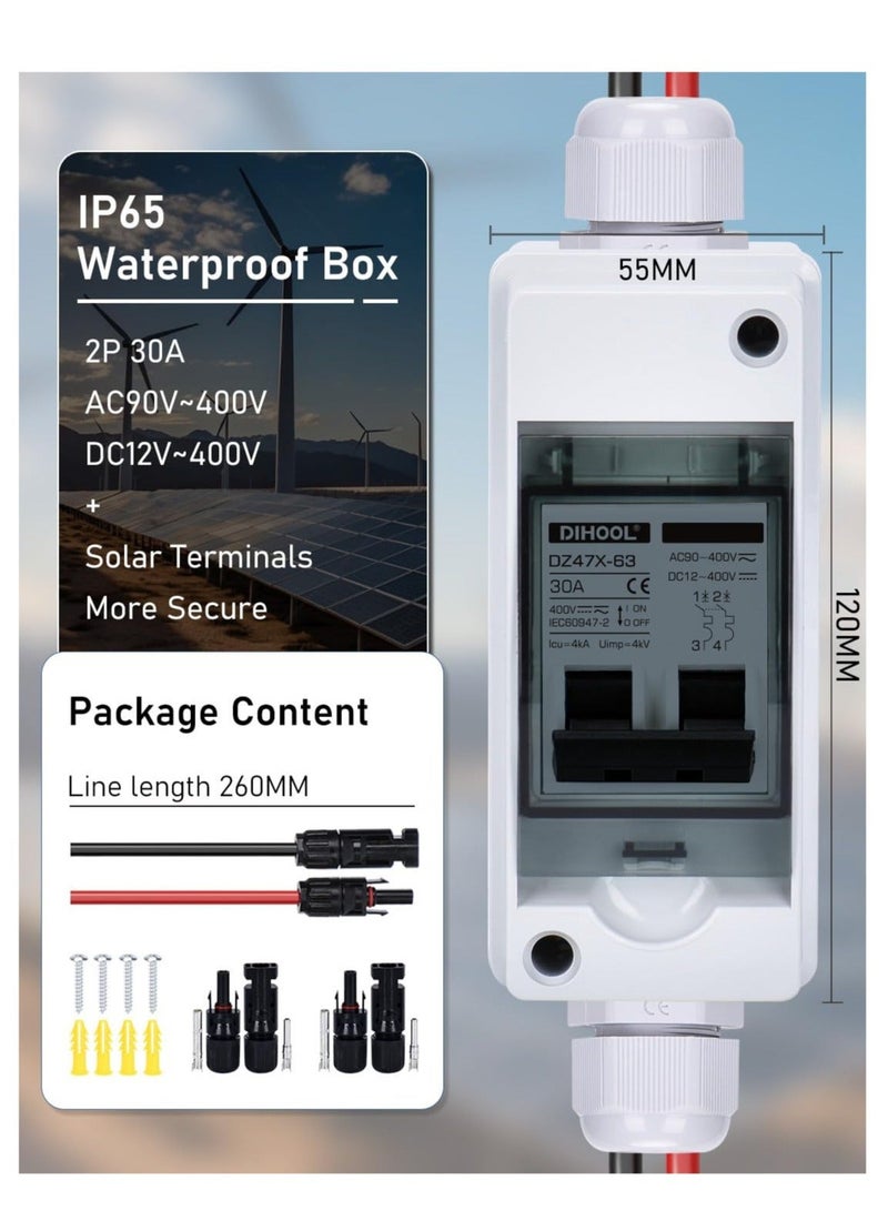 Solar Panels 30 Amp Solar Disconnect Switch, Outdoor Small Breaker Box, Waterproof Disconnect Switch, Waterproof UV-Proof Outdoor Box, Miniature Circuit Breaker with din Rail Enclosure - Image 4