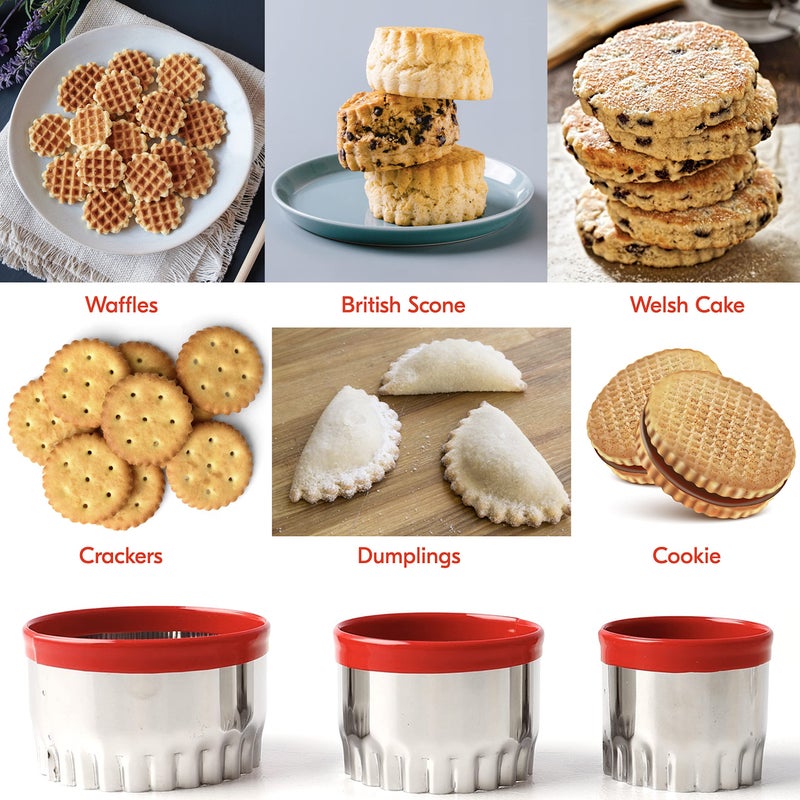 COOKIEQUE 3Pcs Fluted Round Cookie Cutters - 2" & 2.6" & 3", Heavy Duty Food-Grade Stainless Steel, Mini Biscuit Cutter, Unique Design with Protective Red Top PVC - Image 5