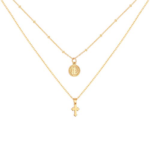 SOFYBJA Dainty Tiny 18K Gold St Benedict Medals Layered Cross Necklace for Women Delicate Simple Cute Coin Pendant Statement Double Layering Chain Necklaces Evil Protection Religious Jewelry Catholic Gifts - Image 1