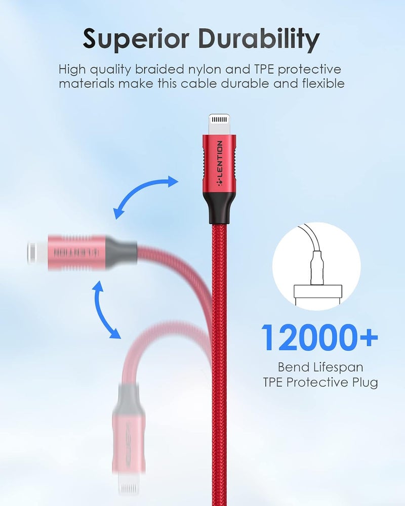 Lention USB-C to Lightening Charging Cable 3ft(1M) & Stable Driver Certified iPhone 14 Charger Cord Compatible with iPhone 14/14 Plus/14 Pro/14 Pro Max/13/12/11/X/8/SE, iPad 8th- (CLA-Red) - Image 3