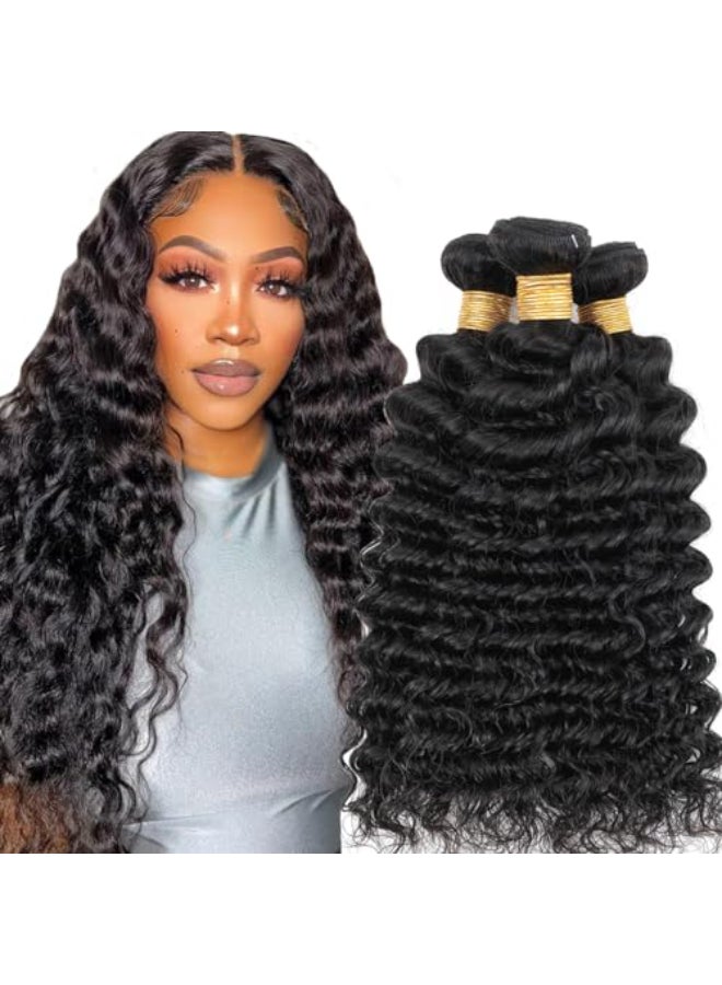 Misoun Human Hair Bundles Deep Wave Brazilian Weaves 20 22 24inch 12A 100 Unprocessed Virgin Human Hair Deep Wave Quick Raw 3 Bundles Deals Natural Black - Image 1