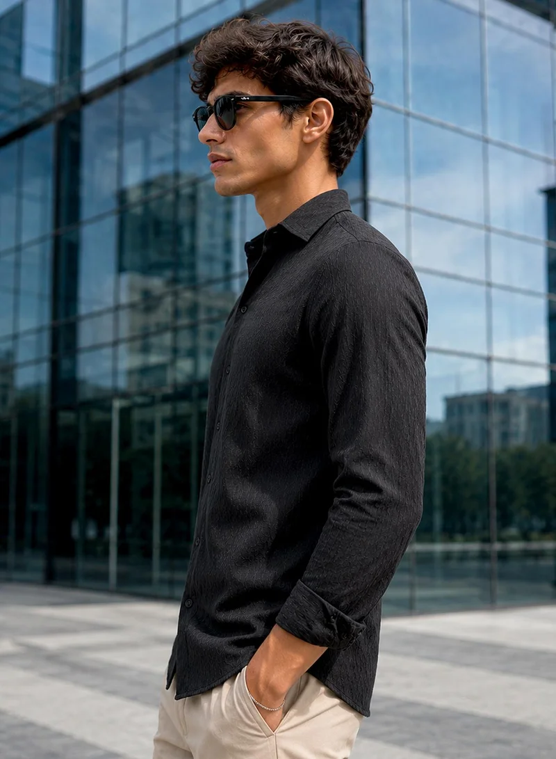 CAHOOT Cahoot Men's Black Textured Poly Spandex Shirt - 6001