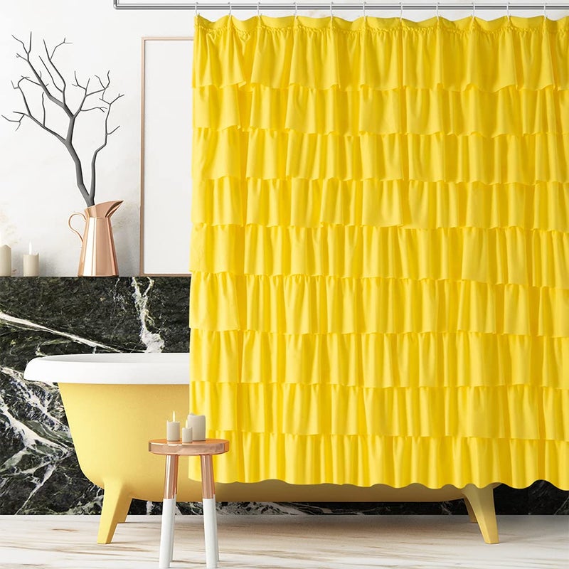 WestWeir Ruffle Shower Curtain 72inches Extra Long Yellow Ruffled Bath Curtains for Bathroom Fabric Farmhouse Decor Soft Touch Decorative Cloth Textured 72 inch Wide1 Panel