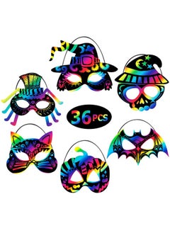 Max Fun 36Pcs Halloween Rainbow Scratch Mask, Art Craft Kit For Kids Birthday Cosplay Classroom Decoration, Magic Scratch Paper Halloween Party Favor Supplies Bat Witch Pumpkin Zombie Pirate Skull  - Image 1