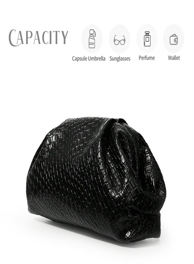 PHILOMENA Women's Woven Evening Bag Vegan Leather Clutch Purse Dumpling Ruched Bag Party Wedding Elegant Handbags (Black) - Image 2
