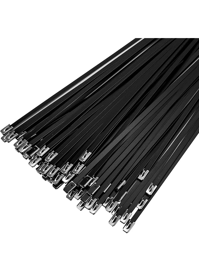promass 100 Pcs 20 Inch Metal Zip Ties, Black Heavy Duty 304 Stainless Steel Cable Ties, Metal Exhaust Wrap with 200 Lbs Tensile Strength - Image 1
