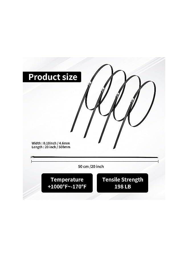 promass 100 Pcs 20 Inch Metal Zip Ties, Black Heavy Duty 304 Stainless Steel Cable Ties, Metal Exhaust Wrap with 200 Lbs Tensile Strength - Image 2