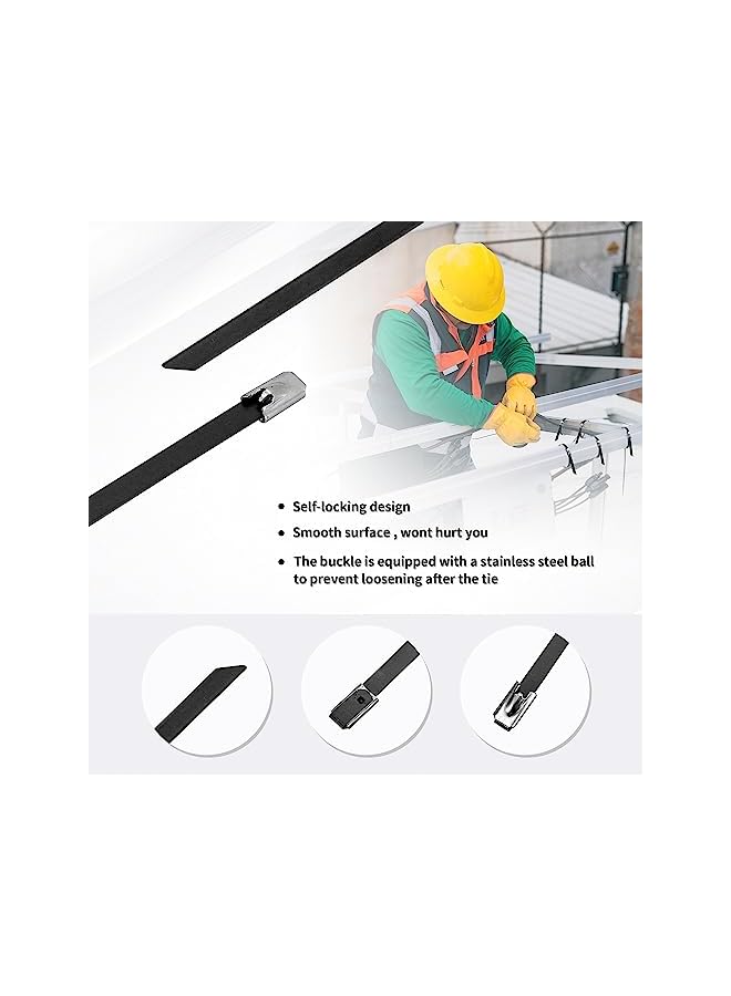 promass 100 Pcs 20 Inch Metal Zip Ties, Black Heavy Duty 304 Stainless Steel Cable Ties, Metal Exhaust Wrap with 200 Lbs Tensile Strength - Image 3