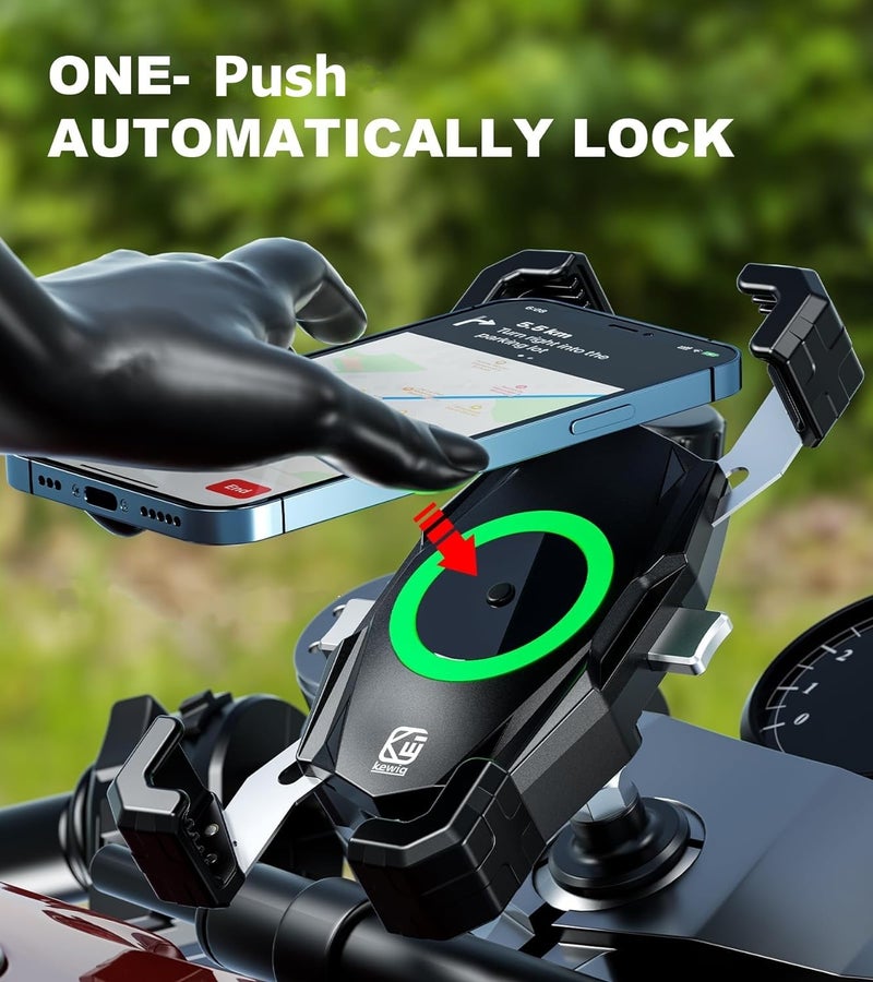 Kewig Motorcycle Fork Stem Phone Mount with Qi 15W Wireless Charger & USB C 20W Fast Charging Port, One-Push Automatically Lock & Quick Release Waterproof Handlebar Phone Holder for 4.0-6.9" Phone - Image 2