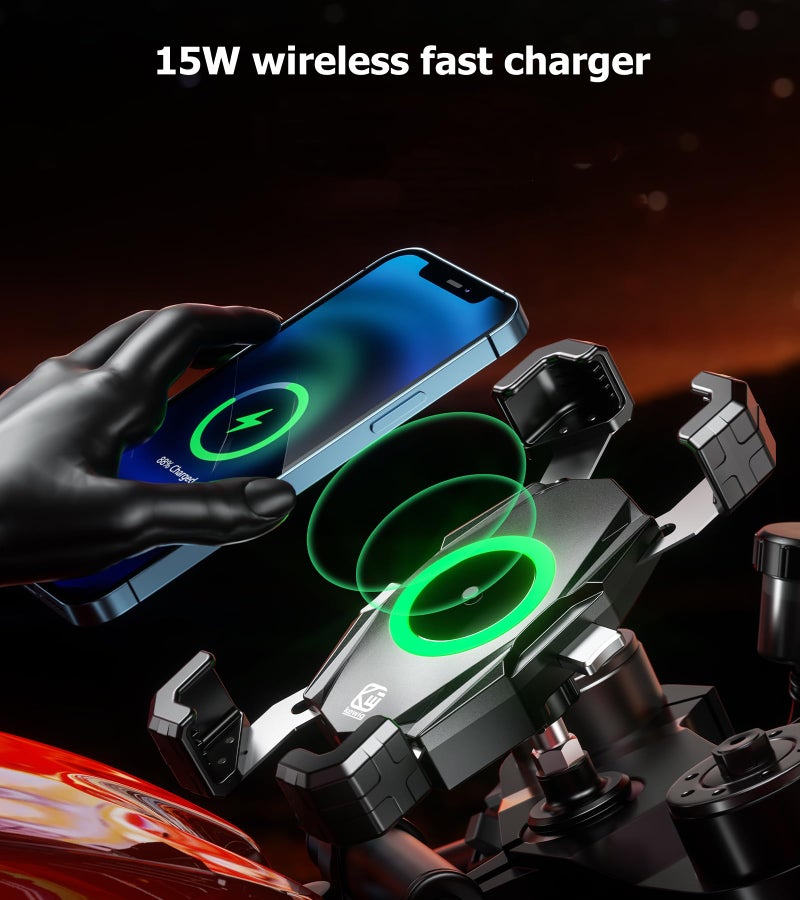 Kewig Motorcycle Fork Stem Phone Mount with Qi 15W Wireless Charger & USB C 20W Fast Charging Port, One-Push Automatically Lock & Quick Release Waterproof Handlebar Phone Holder for 4.0-6.9" Phone - Image 3