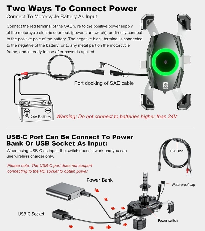 Kewig Motorcycle Fork Stem Phone Mount with Qi 15W Wireless Charger & USB C 20W Fast Charging Port, One-Push Automatically Lock & Quick Release Waterproof Handlebar Phone Holder for 4.0-6.9" Phone - Image 4