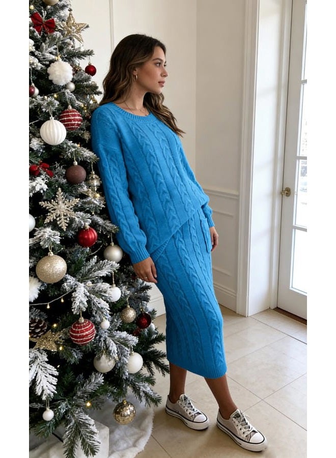 CHARTOU Women's Winter Chunky Cable Knit Long Skirt 2 Piece Outfit Sweater Sets, Bright Blue, XS - Image 3