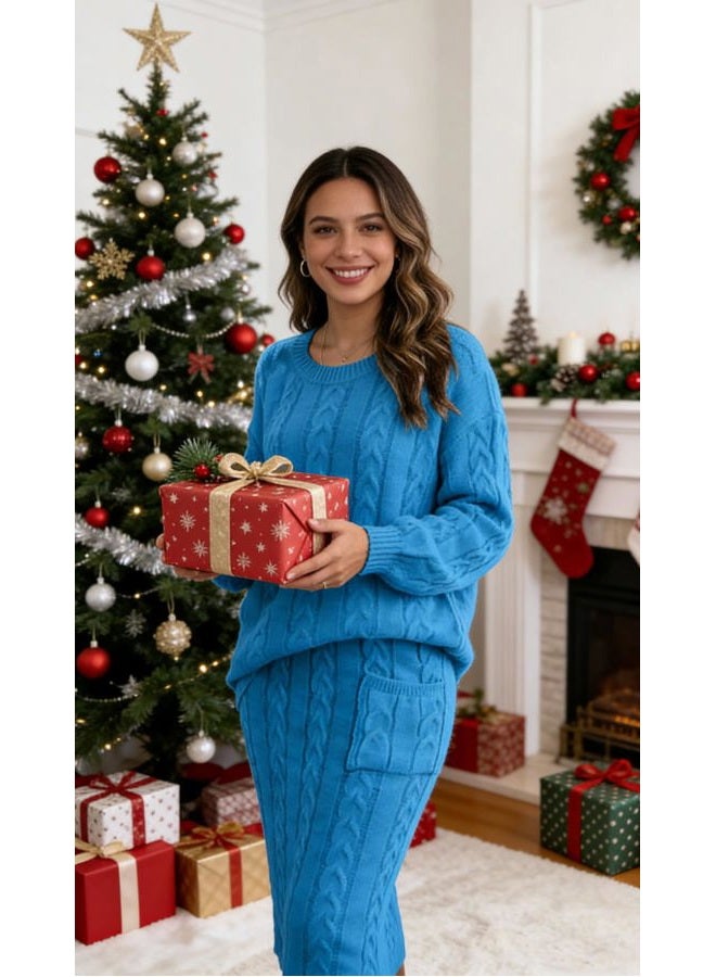 CHARTOU Women's Winter Chunky Cable Knit Long Skirt 2 Piece Outfit Sweater Sets, Bright Blue, XS - Image 2