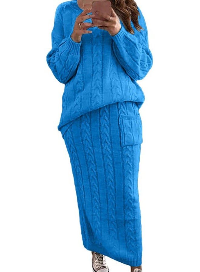 CHARTOU Women's Winter Chunky Cable Knit Long Skirt 2 Piece Outfit Sweater Sets, Bright Blue, XS - Image 1