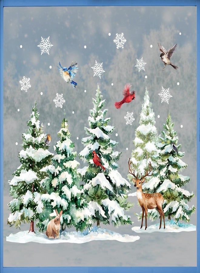 Mfault Winter Forest Animals Window Clings, Snowy Woodland Pine Tree Birds Reindeer Rabbit Snowflake Stickers Decals Decorations, Farmhouse Rustic Christmas Home Living Room Kitchen Decor - Image 1