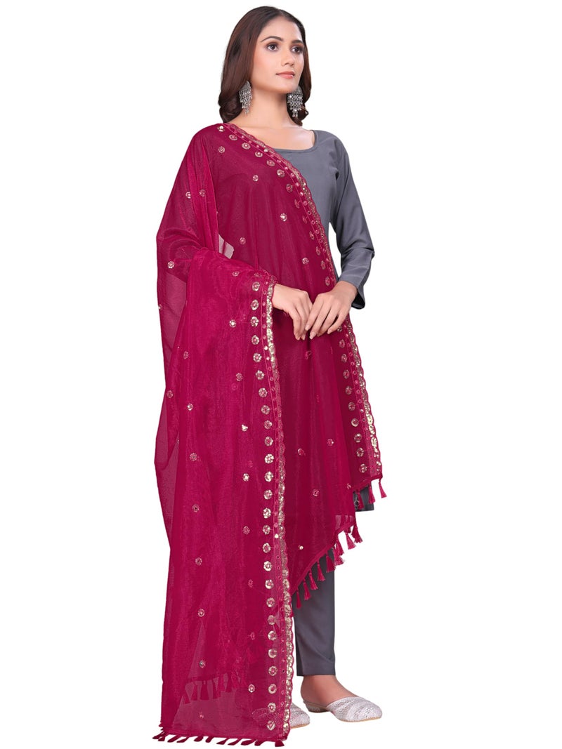 KEMZA Organza Embroidered Dupatta with Mirror & Sequence Work, Tassel Lace Border, Floral Butti Design (Pink, Free Size) - Image 1