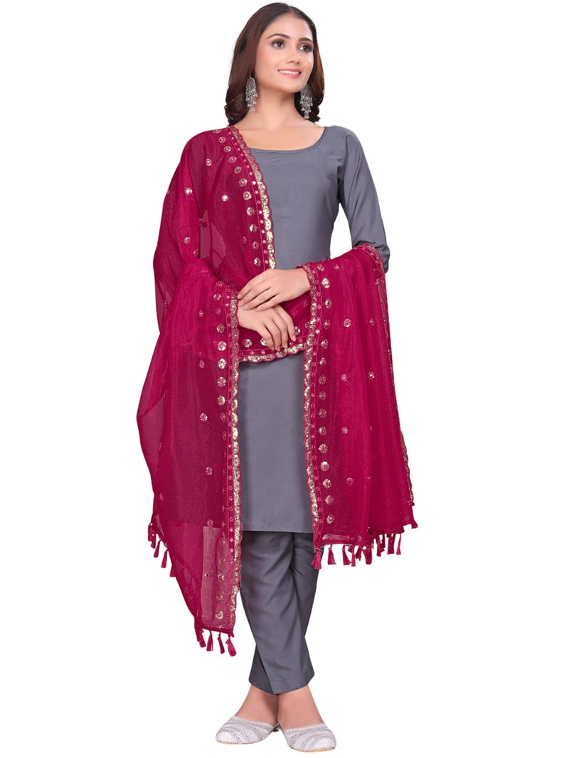 KEMZA Organza Embroidered Dupatta with Mirror & Sequence Work, Tassel Lace Border, Floral Butti Design (Pink, Free Size) - Image 3
